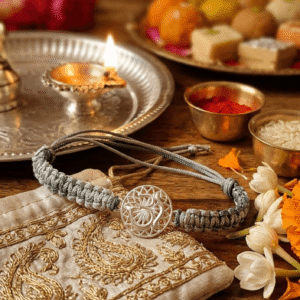 Rajyan jewellers 925 pure silver om lotus rakhi with grey thread