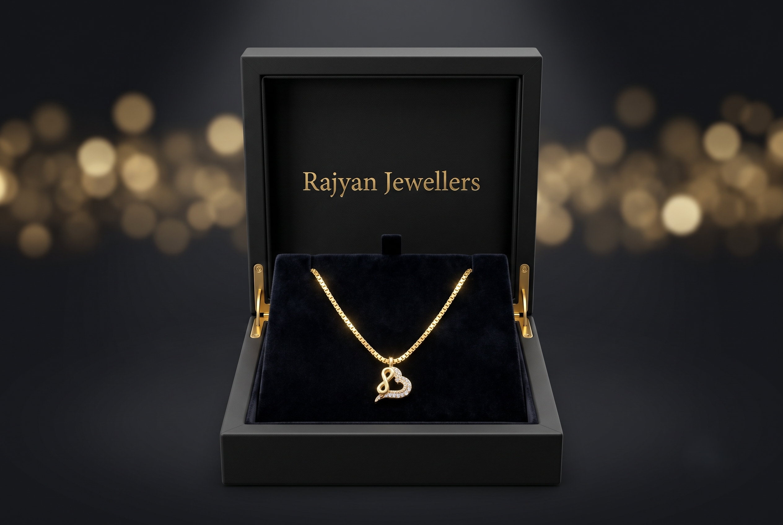 infinity-heart-pendant-chain-set box 18k yellow gold Infinite Heart pendant with 16 inch chain and product specification card by Rajyan Jewellers