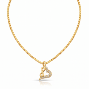 Rear view of 18K gold heart pendant and clasp on 16 inch chain, showing BIS hallmark stamp and craftsmanship