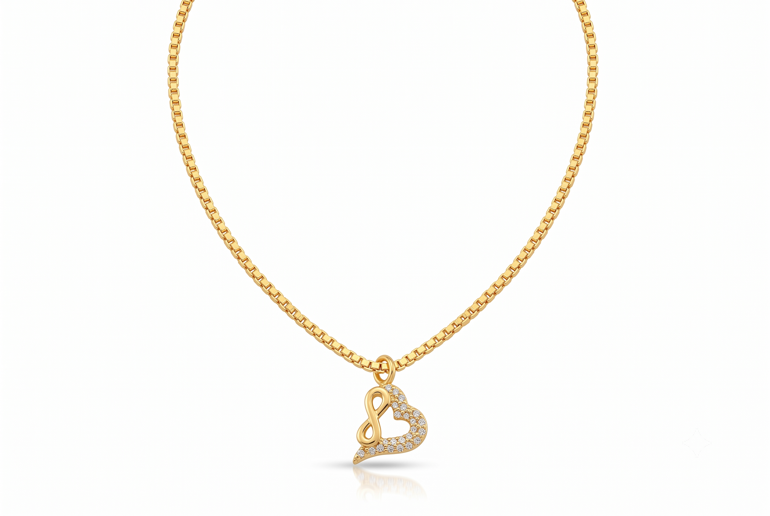infinity-heart-pendant-chain-set -wb Rear view of 18K gold heart pendant and clasp on 16 inch chain, showing BIS hallmark stamp and craftsmanship