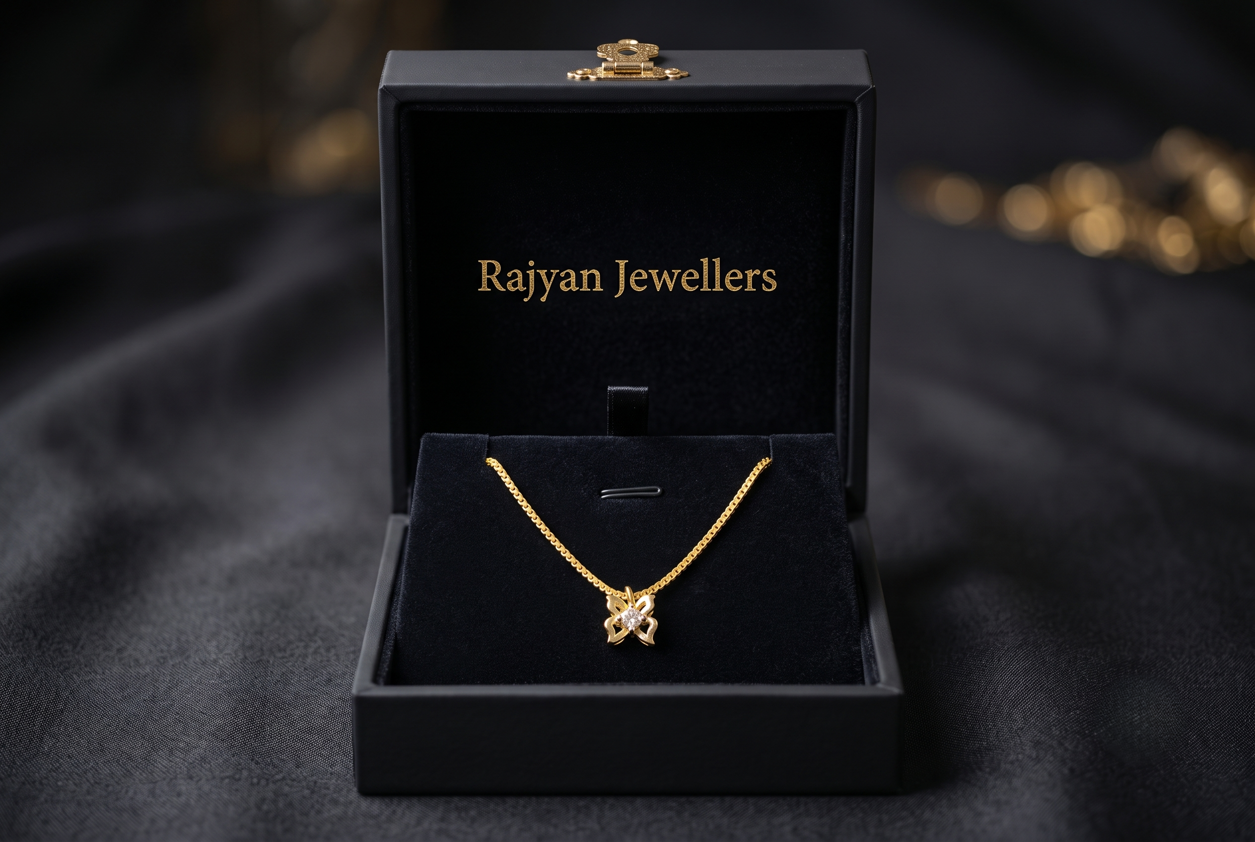signity-18k-chain-pendant-butterfly-box 18K yellow gold butterfly pendant and 16 inch chain product specification by Rajyan Jewellers on black background