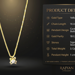 18K yellow gold butterfly pendant and 16 inch chain product specification by Rajyan Jewellers on black background