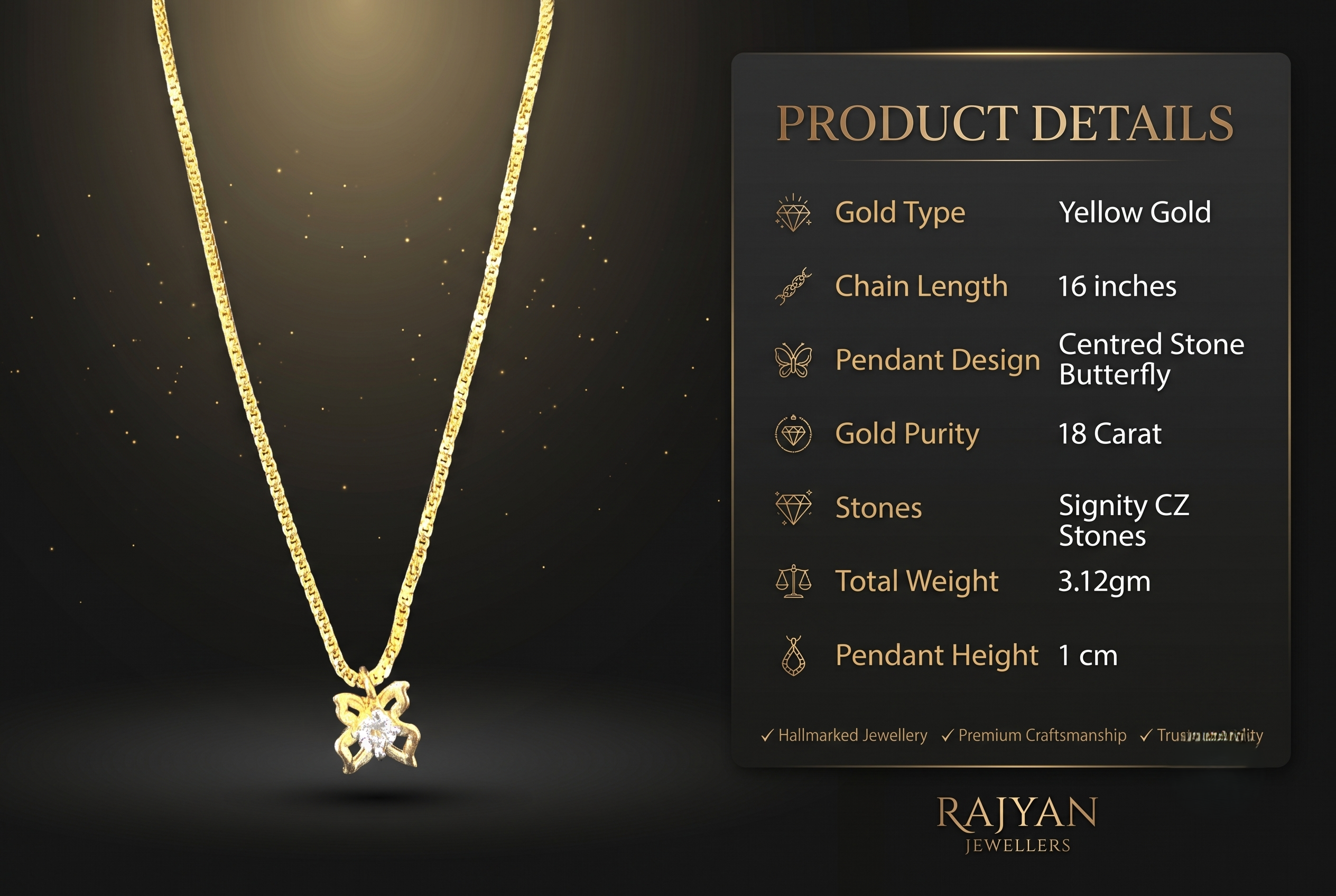 signity-18k-chain-pendant-butterfly-details 18K yellow gold butterfly pendant and 16 inch chain product specification by Rajyan Jewellers on black background