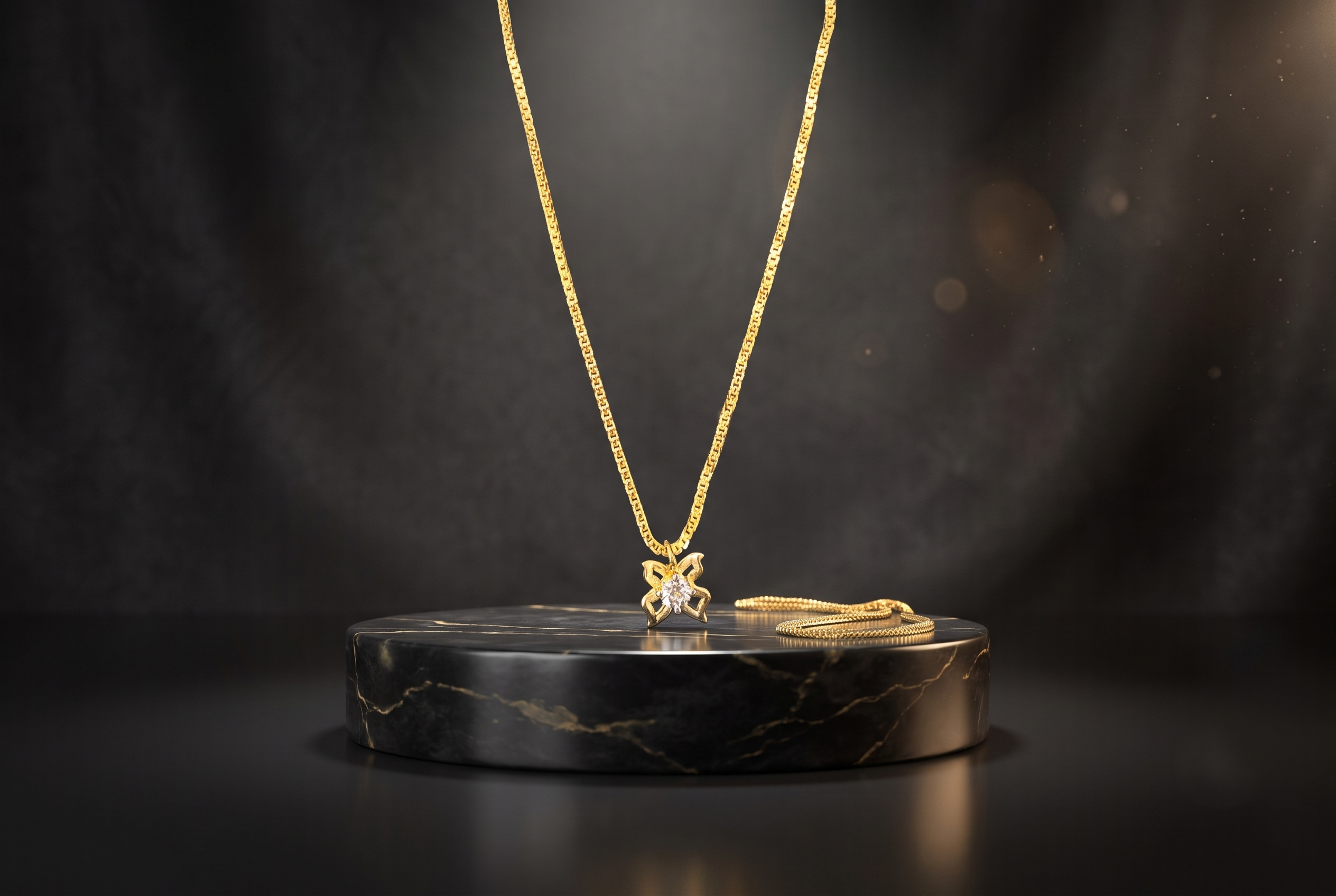 signity-18k-chain-pendant-butterfly-display Close-up of Rajyan Jewellers 18 carat yellow gold butterfly pendant with sparkling Signity CZ central stones