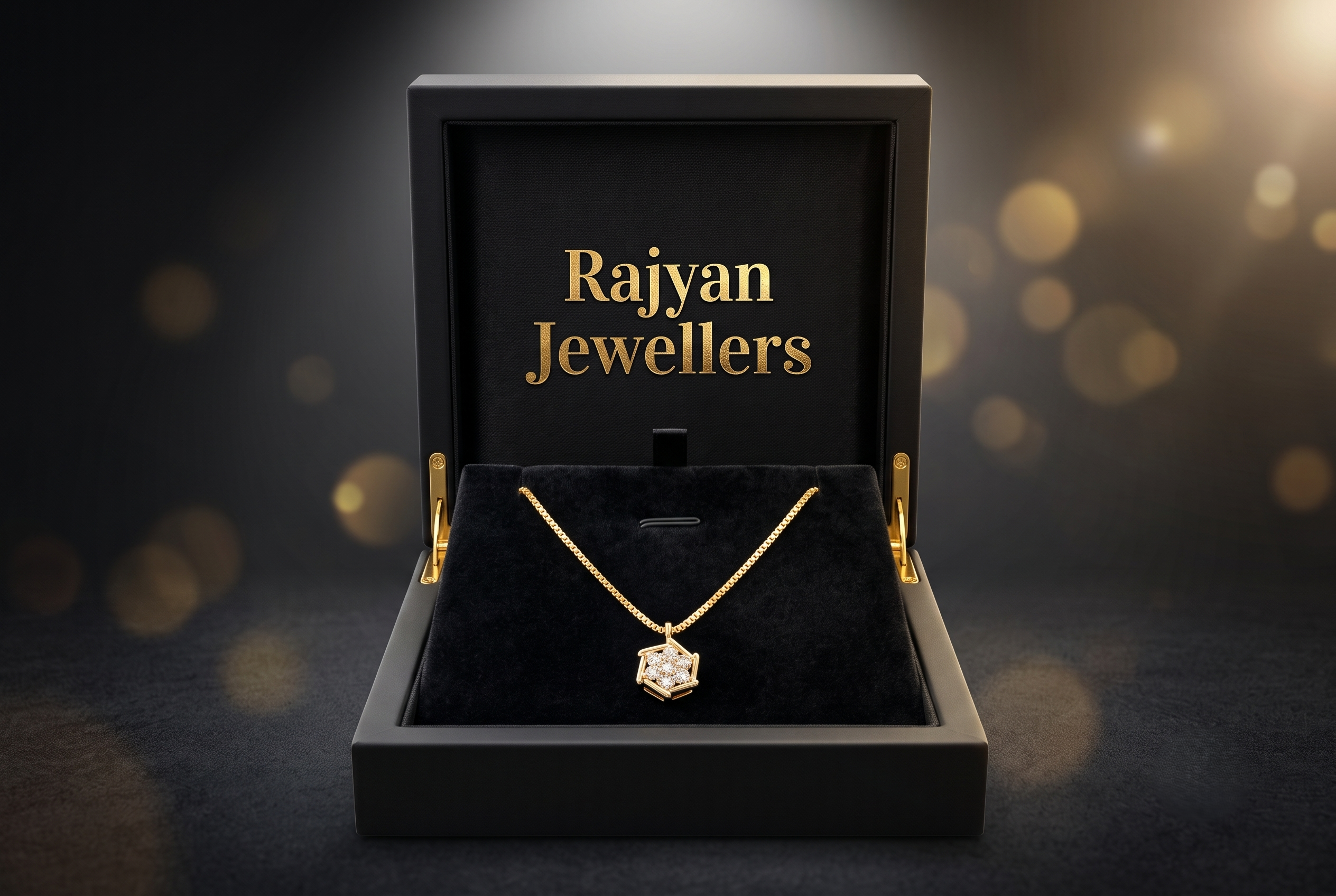 signity-18k-chain-pendant-hexagon-box 18ct yellow gold hexagonal pendant and matching chain set with Signity CZ stones on black fabric by Rajyan Jewellers