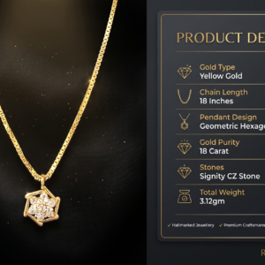 Specification card for Rajyan Jewellers 18 carat gold 3.12gm CZ hexagonal pendant with 18-inch chain