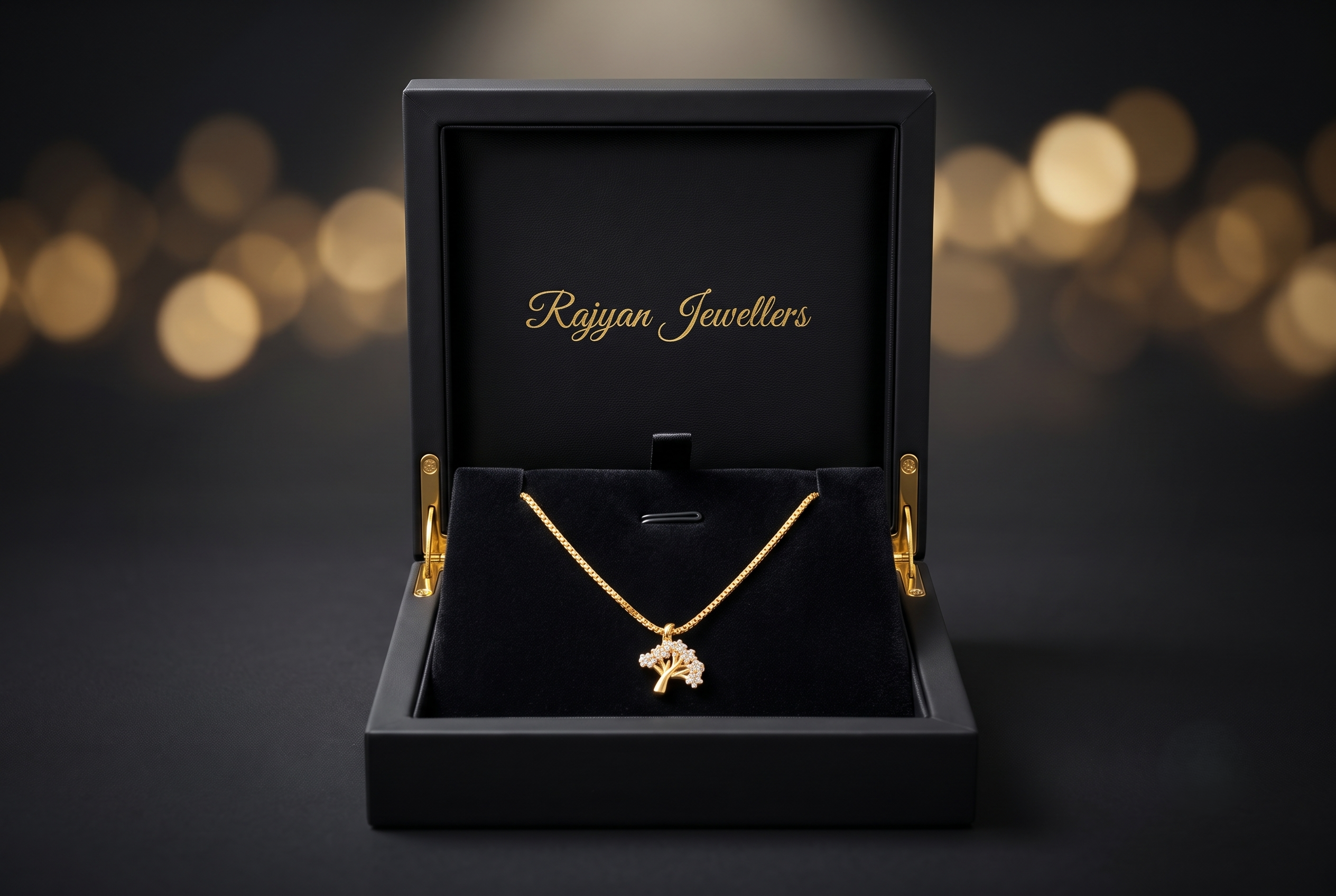 signity-18k-chain-pendant-tree-box Rajyan Jewellers 18K yellow gold chain and tree pendant set