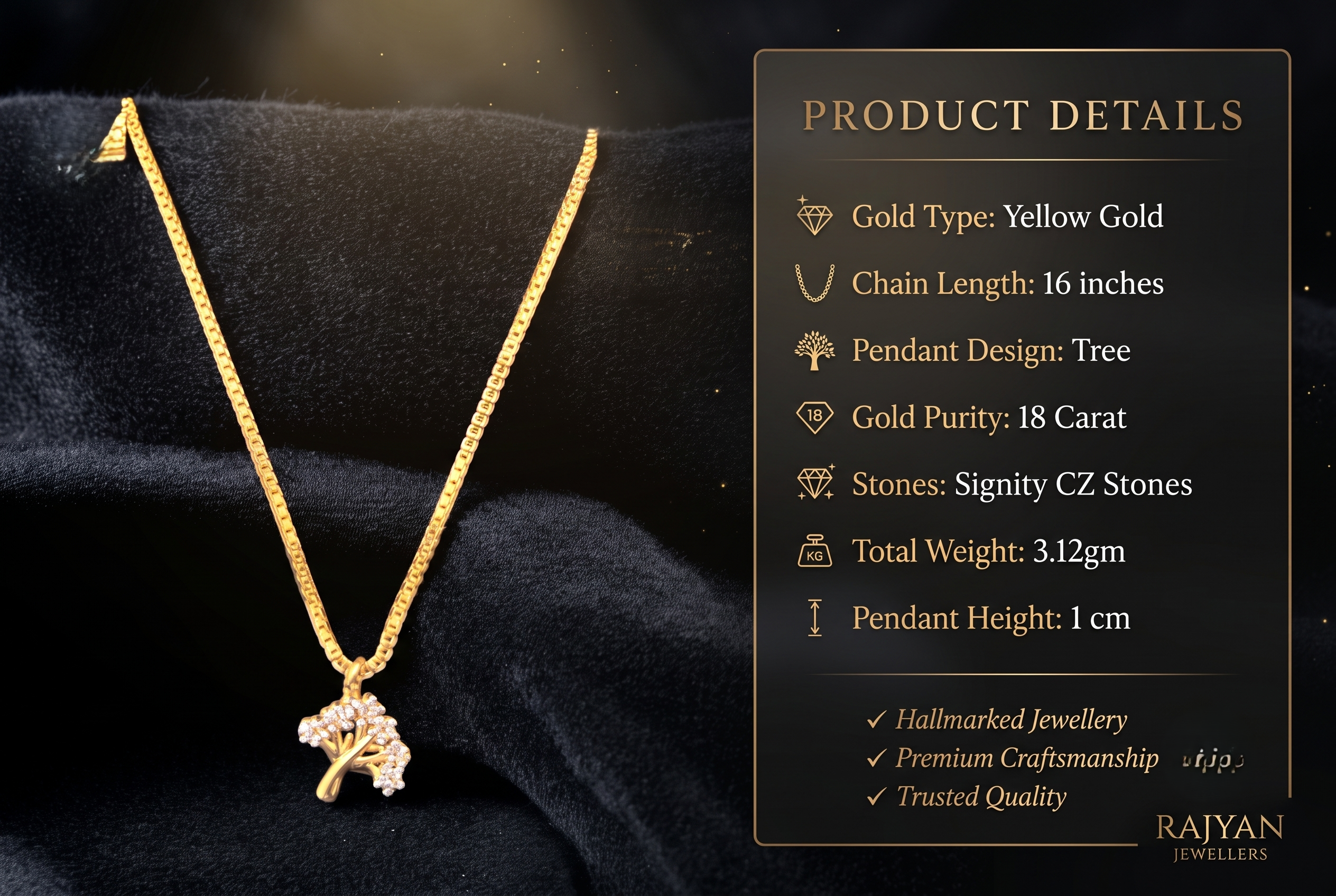 signity-18k-chain-pendant-tree-details 18K yellow gold chain and tree pendant set by Rajyan Jewellers