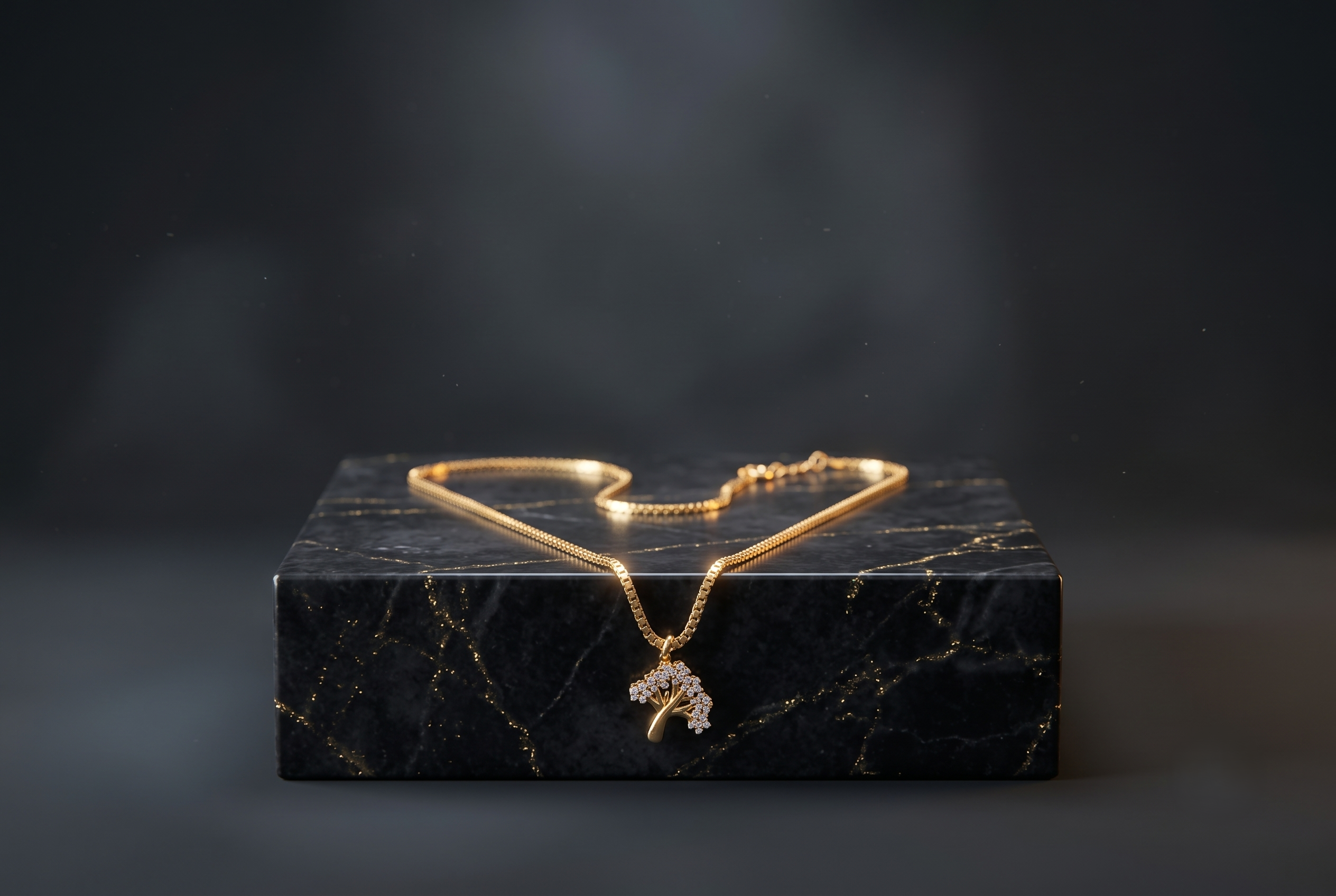 signity-18k-chain-pendant-tree-display Close-up of Rajyan Jewellers 1cm tree-shaped pendant in 18K yellow gold