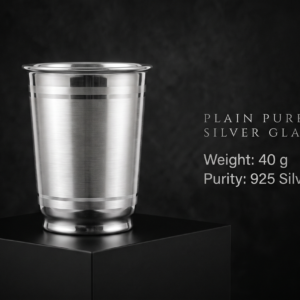 Handcrafted 925 pure silver glass (40g) with a brushed metallic finish on a luxury matte black display, showing detailed horizontal stripe accents