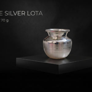 Handcrafted 925 pure silver Lota (70 grams) with traditional horizontal banding, displayed on a luxury matte black pedestal