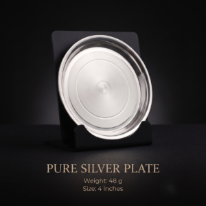 Pure 4-inch silver plate weighing 48 grams displayed on a matte black acrylic stand