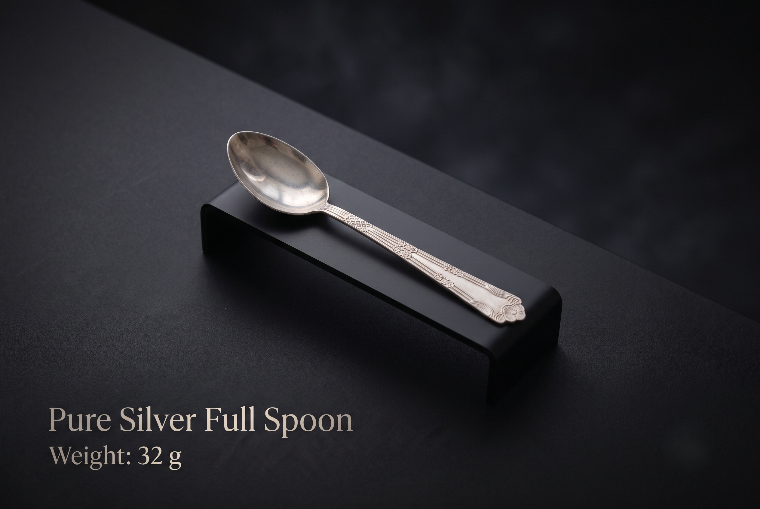 silver-spoon-32gm Pure silver spoon with intricate handle engravings, weight 32g, displayed on a matte black luxury stand.