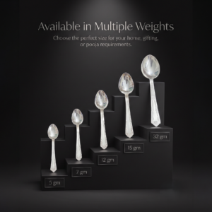 Handcrafted pure silver spoons displayed on a black staircase platform in 5g, 7g, 12g, 15g, and 32g weight variants